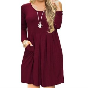Plus Long Sleeve Pleated T Shirt Dress w/ Pockets